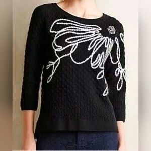 Anthro Field Flower Ivory Bloom XS Black White Floral Boucle Sweater 3/4 Sleeve